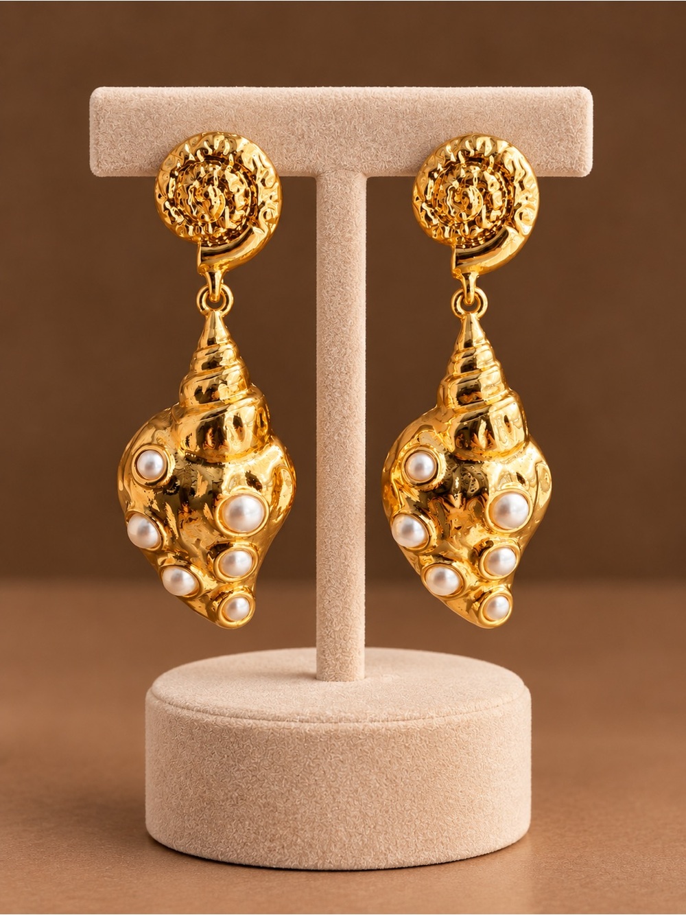 Gold Pearl Accent Shell Drop Earrings